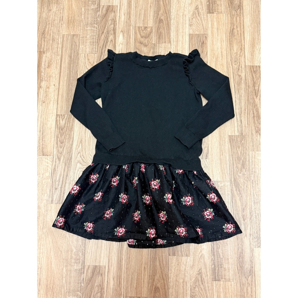 Gap Kids Girls Black Ruffle Sweater Dress Floral Skirt Size 8